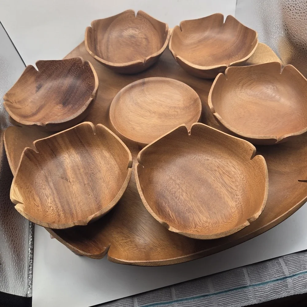 VTG Monkey Pod Wood Leaf Tray 7 Bowls Fiji